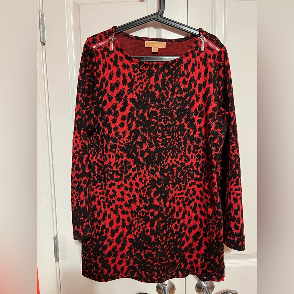 Michael Kors Leopard Print Red Black long sleeved dress